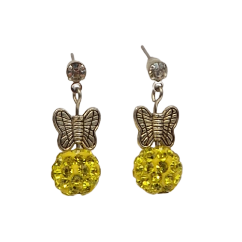 Oorbellen met gele parel en gele glaskristallen en bedeltje - vlinder